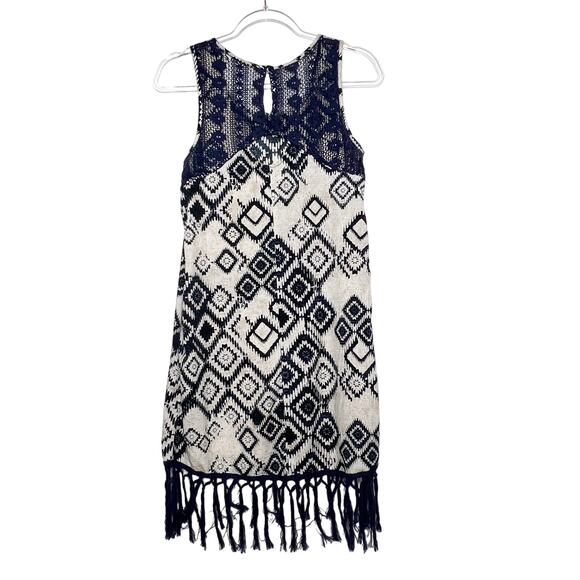 BAND OF GYPSIES Tribal Romper Dress Fringed Geometric Pattern White Blue Size S - Picture 5 of 10